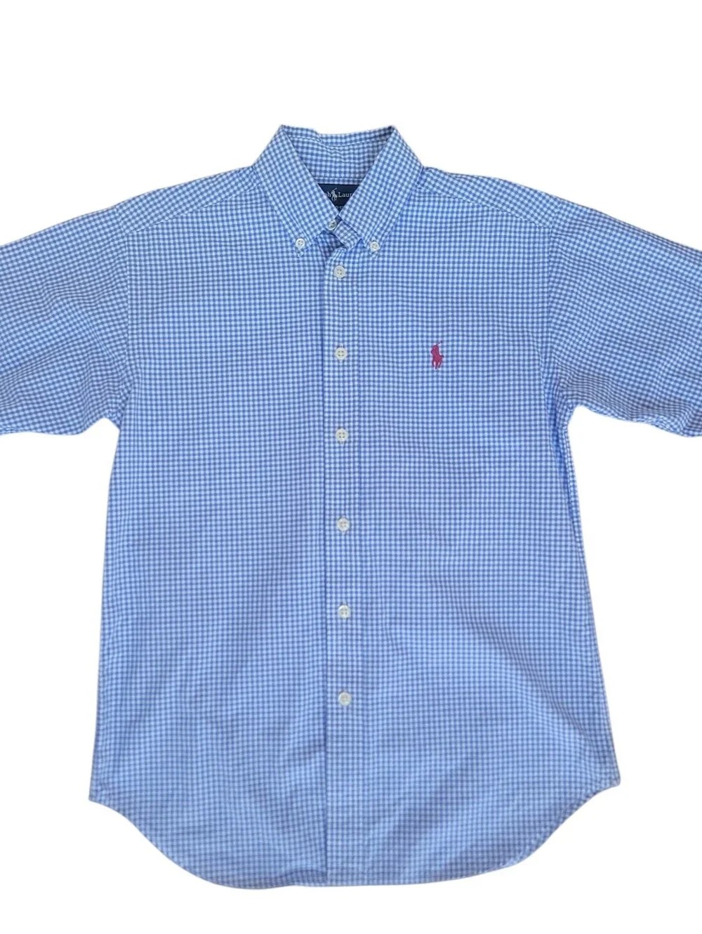 Polo Ralph Lauren Boys Cotton Gingham Blue ShortS Button Down Shirt M 10-12 Prep